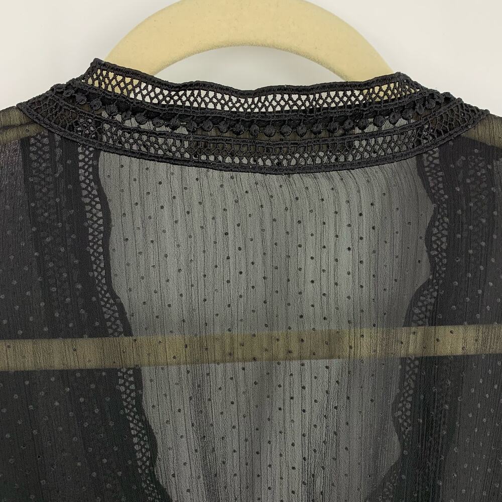 Zara Blouse Women XS Black Sheer Swiss Dot‎ Lace Trim V-Neck Long Sleeve - Picture 6 of 7